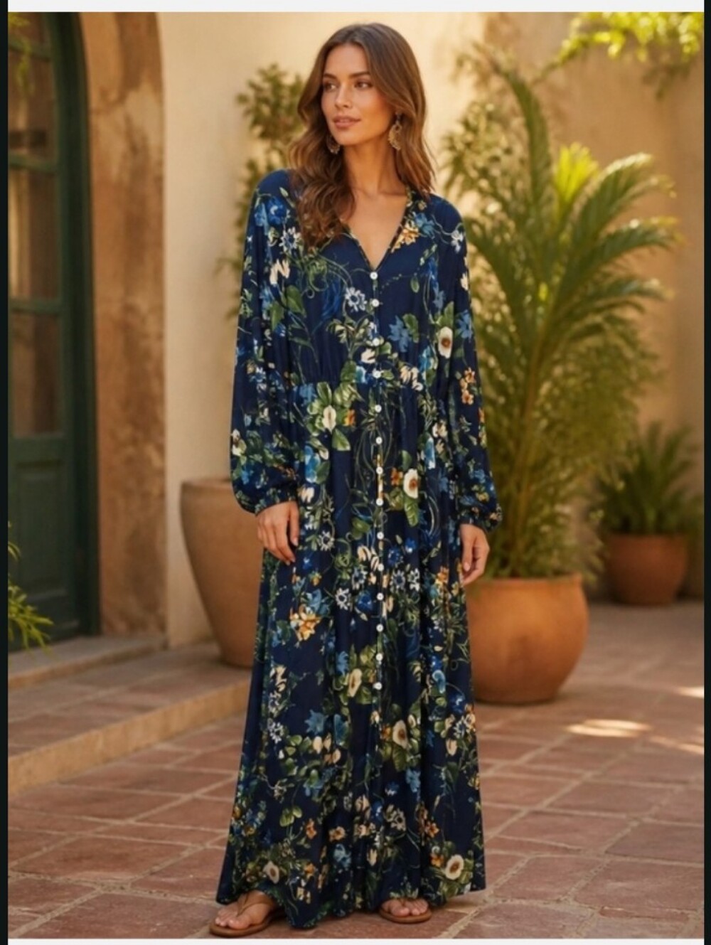 Navy Floral V-Neck Long Sleeve Maxi Dress